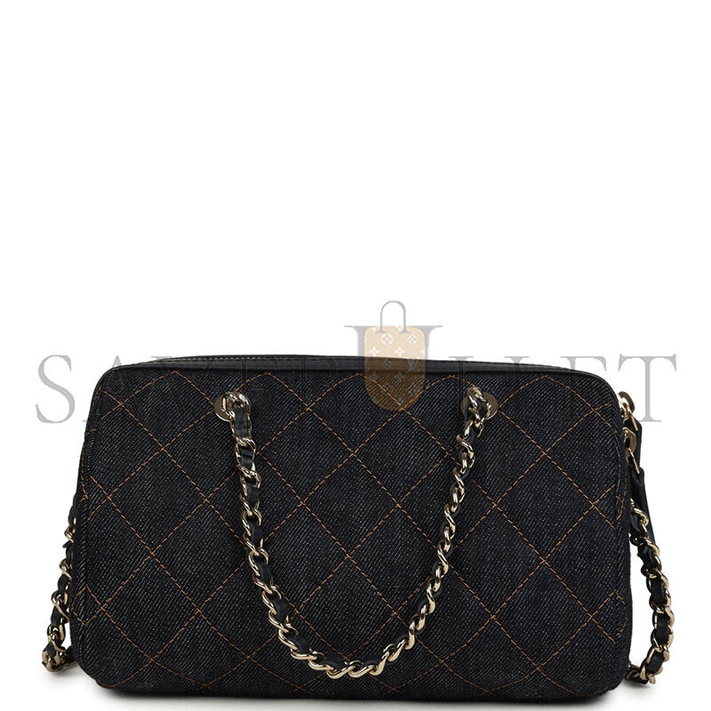 CHANEL MINI TIMELESS CLASSIC BARREL BAG WITH CHAIN DARK BLUE DENIM LIGHT GOLD HARDWARE AP4474 (19*13*10cm)
